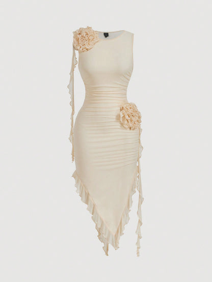 Chic Pastel 3D Flower Bodycon Dress with Asymmetrical Hem for Effortless Elegance Apricot