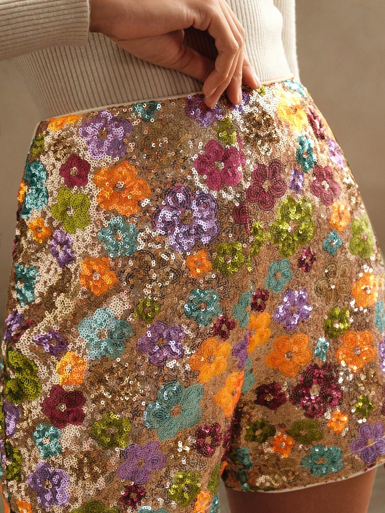 Vintage Charm: Anewsta Floral Sequin Embroidered Shorts for Holiday Parties S M L S-M-L-XL-