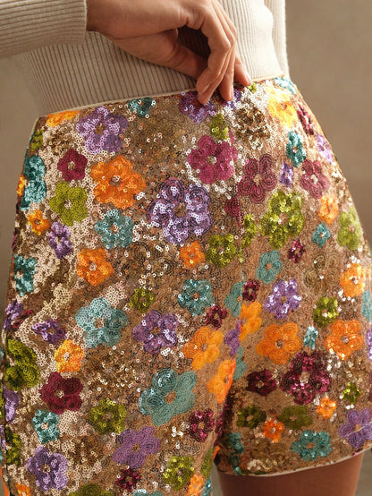 Vintage Charm: Anewsta Floral Sequin Embroidered Shorts for Holiday Parties S M L S-M-L-XL-