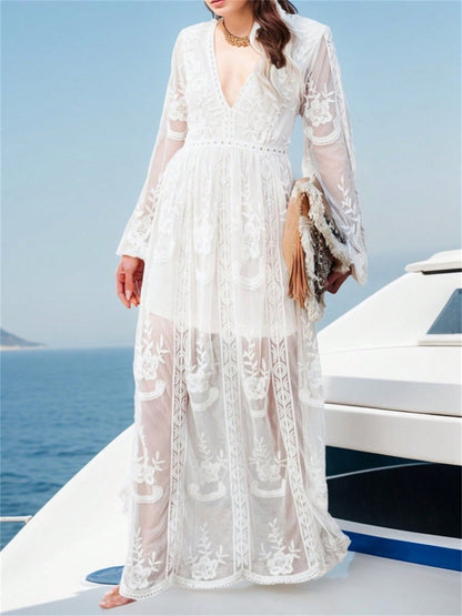 Elegant Embroidered Lace Maxi Dress - Perfect for Weddings, Parties, and Seaside Brides