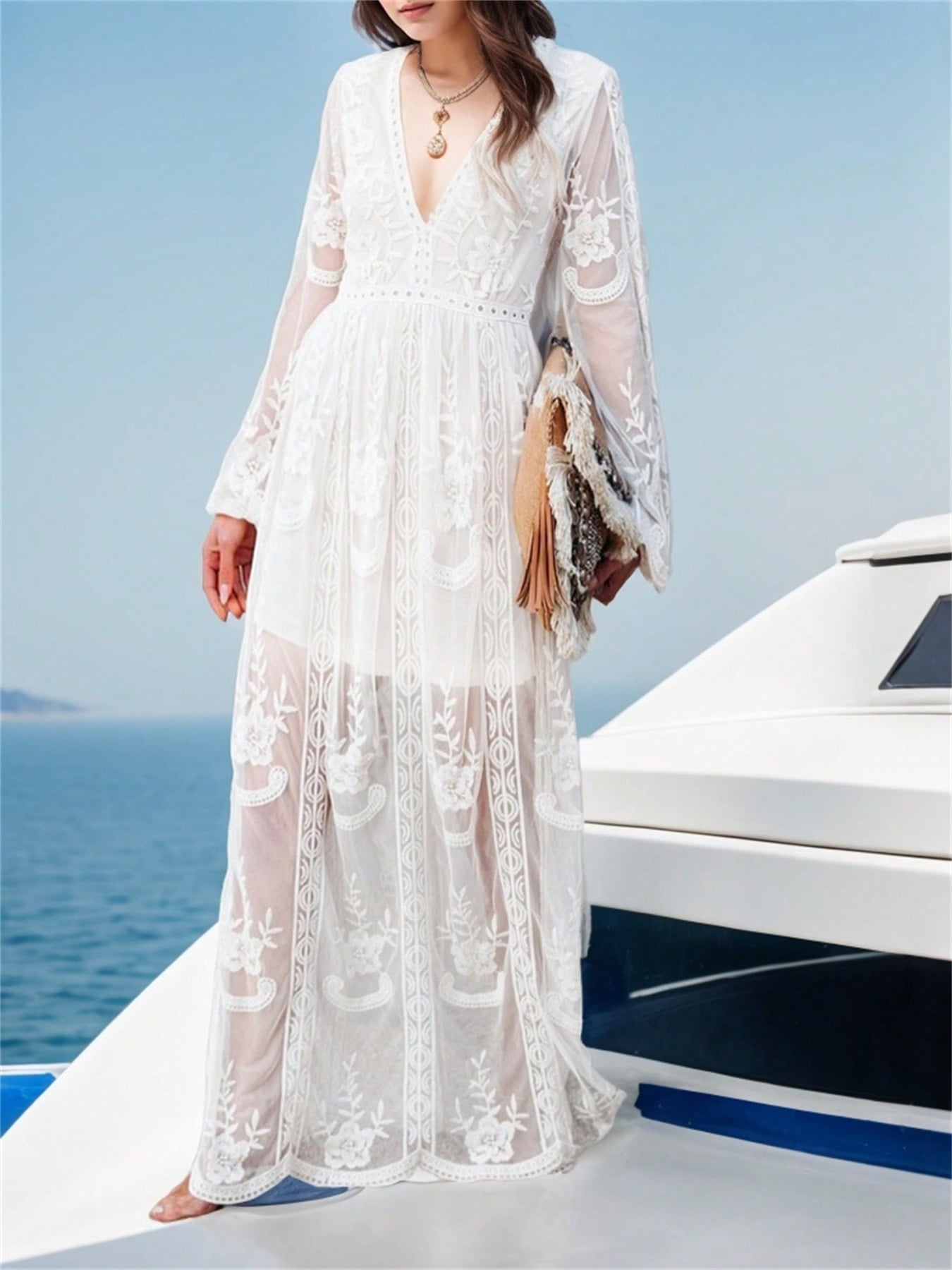 Elegant Embroidered Lace Maxi Dress - Perfect for Weddings, Parties, and Seaside Brides