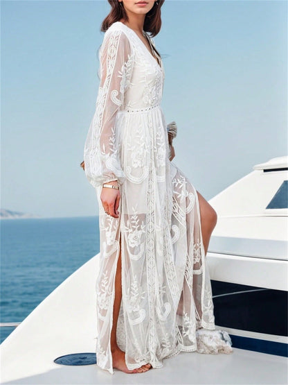 Elegant Embroidered Lace Maxi Dress - Perfect for Weddings, Parties, and Seaside Brides