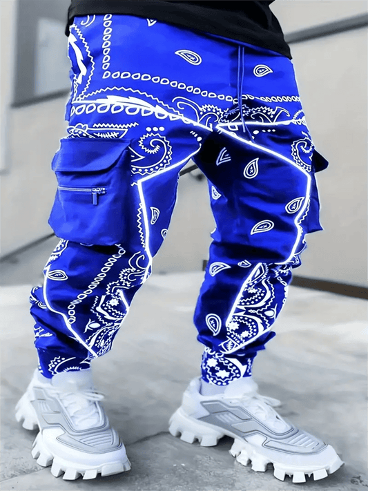 Men's Cashew Flower Multi-Pocket Workwear Pants - Stylish Casual Glow Printed Running Trousers