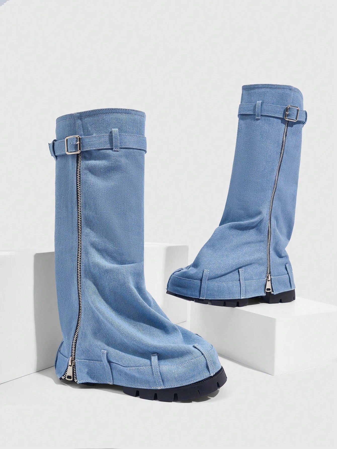 Elevate Your Style Thick-Soled Wedge Heel Western Riding Boots Blue-3