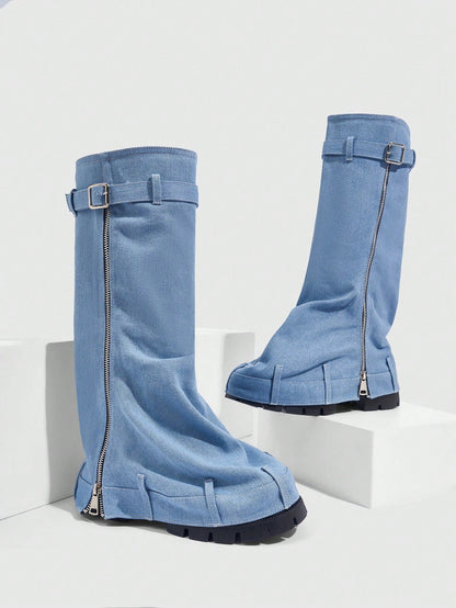 Elevate Your Style Thick-Soled Wedge Heel Western Riding Boots Blue-3