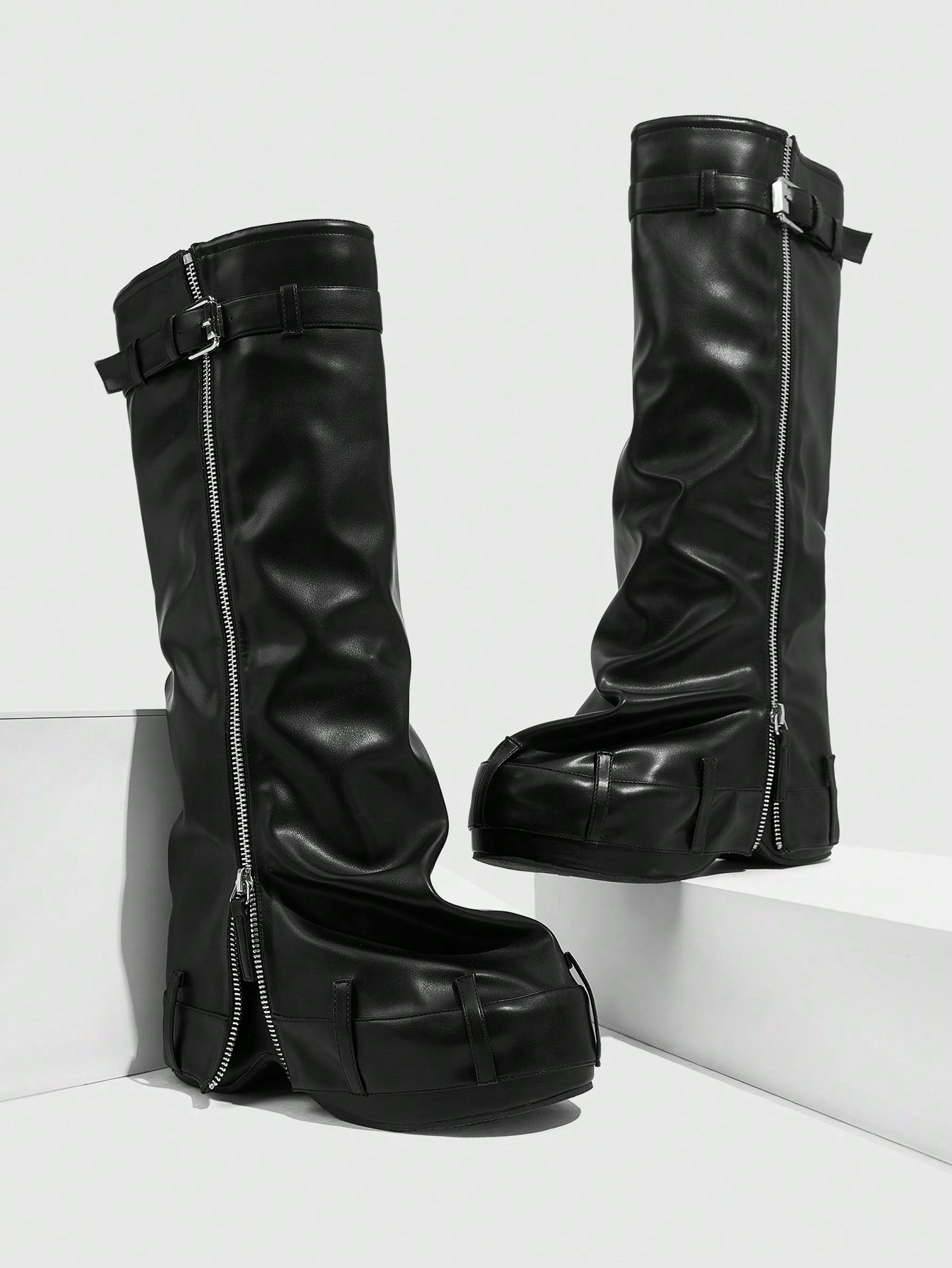 Elevate Your Style Thick-Soled Wedge Heel Western Riding Boots Black