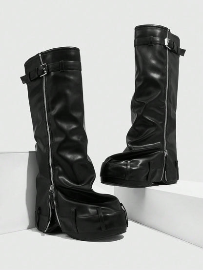 Elevate Your Style Thick-Soled Wedge Heel Western Riding Boots Black
