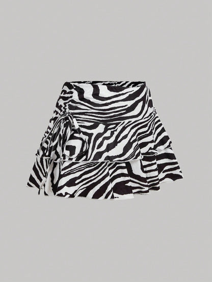 Chic Zebra Print Pleated Ruffle Mini Skirt for Effortless Fall Style XS S M XS-S-M-L-
