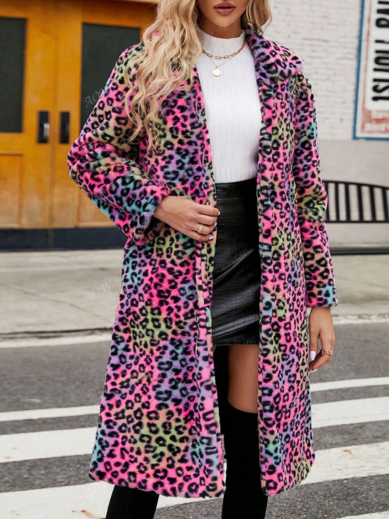 Chic Ombre Leopard Print Fluffy Coat with Turndown Collar