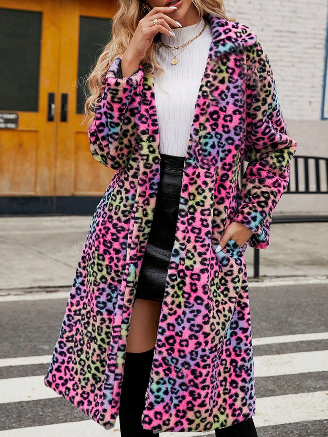 Chic Ombre Leopard Print Fluffy Coat with Turndown Collar