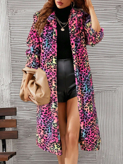 Chic Ombre Leopard Print Fluffy Coat with Turndown Collar