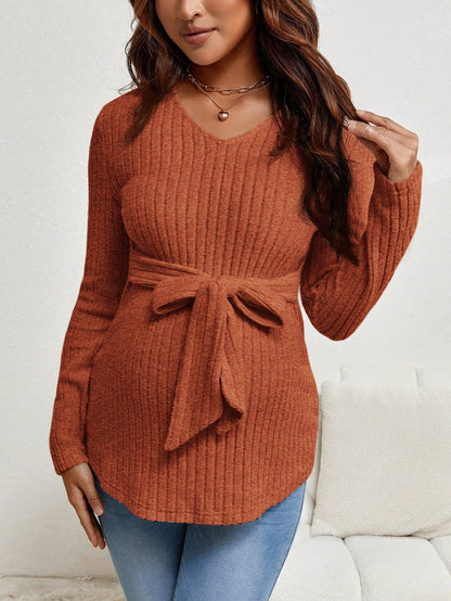 Maternity Solid Color Ribbed Knit T-Shirt With Long Sleeve