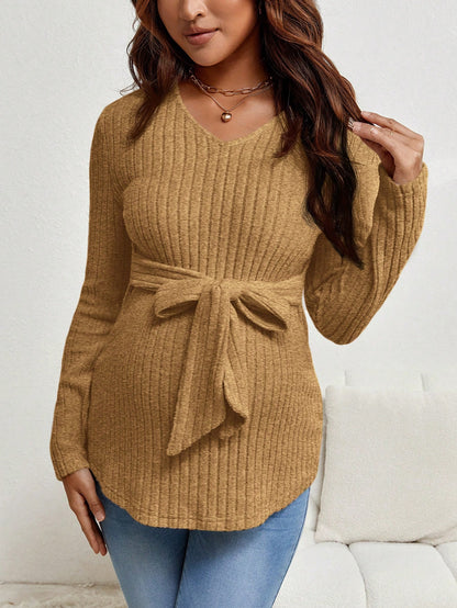 Maternity Solid Color Ribbed Knit T-Shirt With Long Sleeve