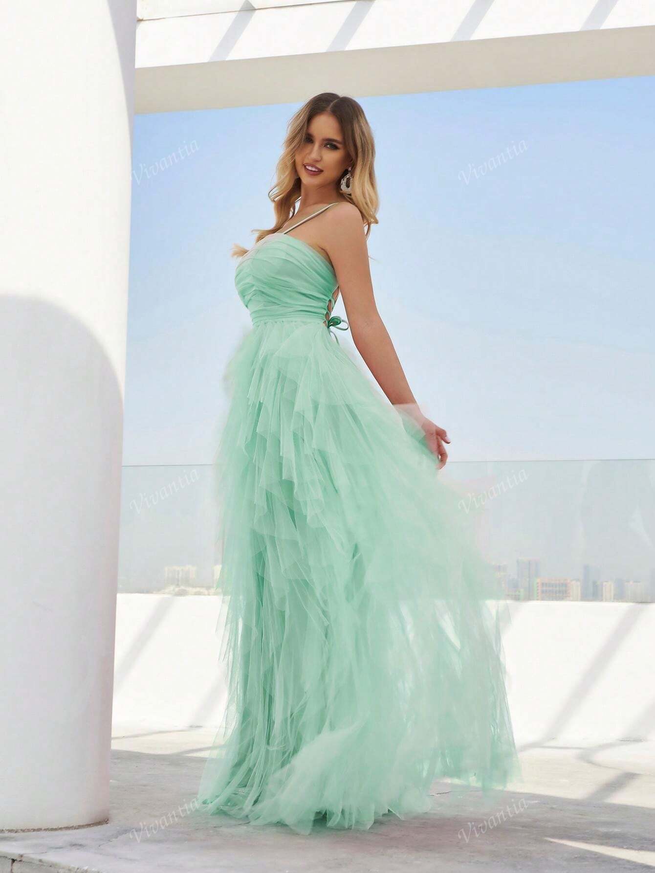 Elegant Spaghetti Strap Backless Ruffle Dress for Wedding Guests and Parties