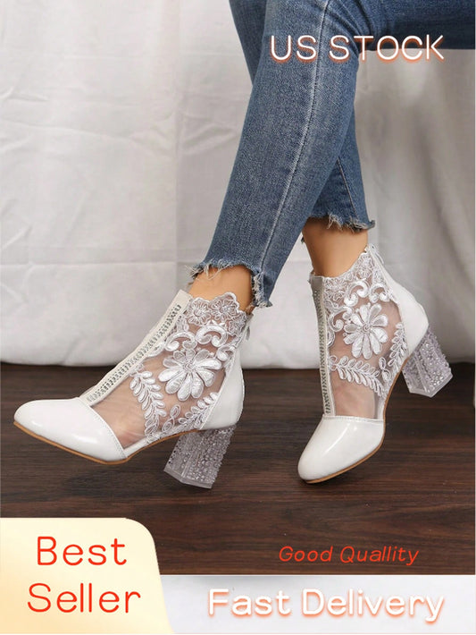 Radiant Elegance: Classic Women's Embroidered Ankle Boots with Crystal Heel for Wedding Glamour