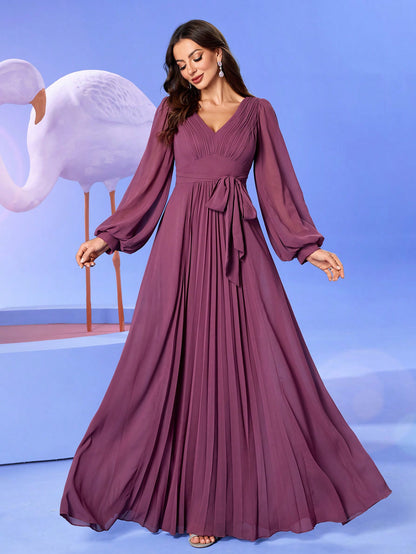 Elegant V-Neck Chiffon Lantern Sleeve Ruffle Hem A-Line Dress with Tied Back