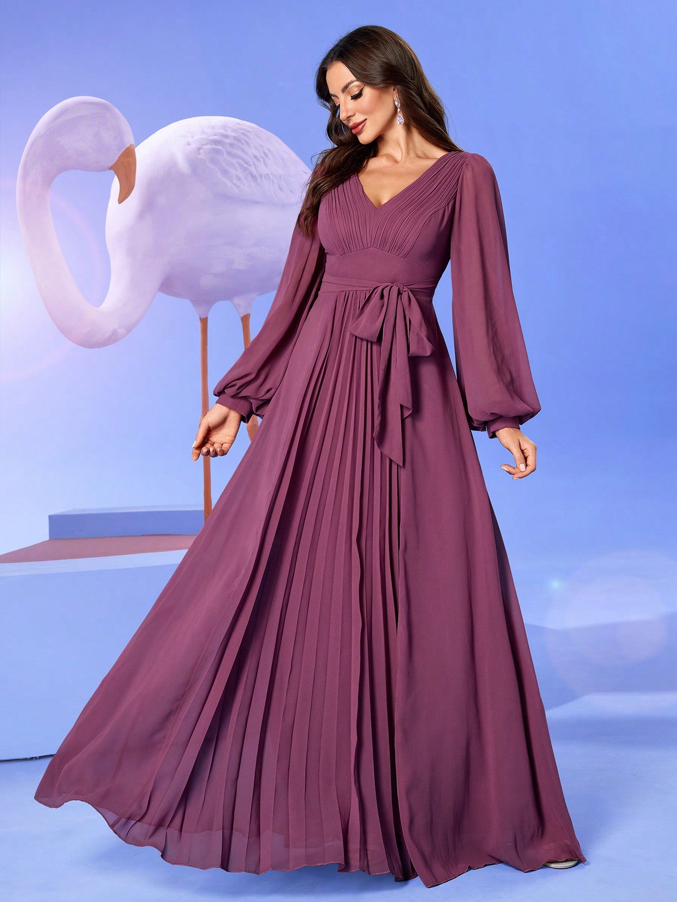 Elegant V-Neck Chiffon Lantern Sleeve Ruffle Hem A-Line Dress with Tied Back