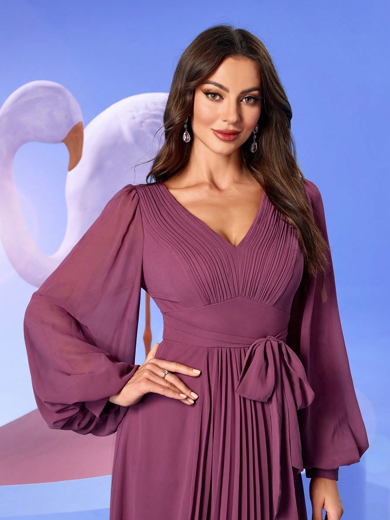 Elegant V-Neck Chiffon Lantern Sleeve Ruffle Hem A-Line Dress with Tied Back