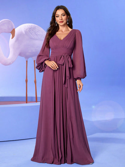 Elegant V-Neck Chiffon Lantern Sleeve Ruffle Hem A-Line Dress with Tied Back