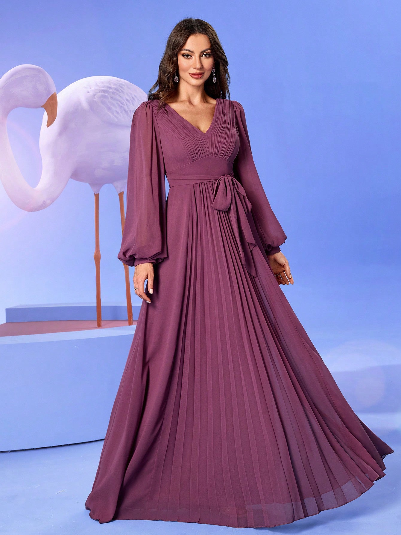 Elegant V-Neck Chiffon Lantern Sleeve Ruffle Hem A-Line Dress with Tied Back