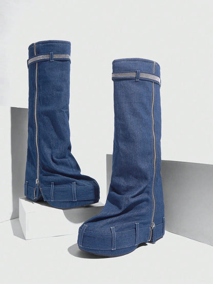 Elevate Your Style Thick-Soled Wedge Heel Western Riding Boots Blue