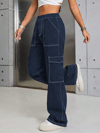 Chic & Versatile Vintage Denim Pocket Cargo Pants for Teen Girls – Perfect for All Seasons!