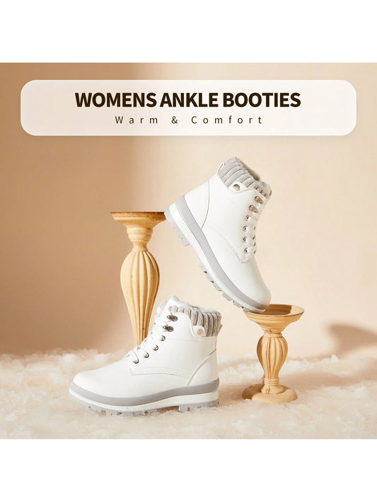 Chic & Sturdy: Women's Waterproof White Combat Boots with Black Platform & Fuzzy Lining