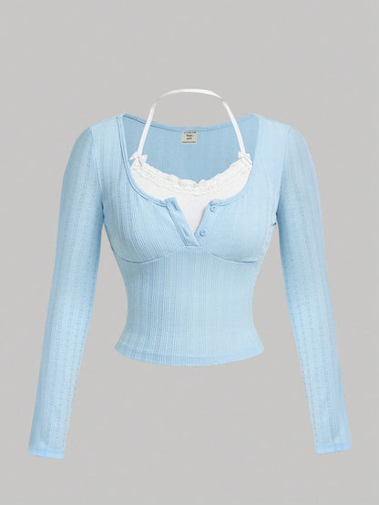 Kawaii Ballet Bow Long Sleeve 2-in-1 T-Shirt for Teen Girls - Blue & White Lace Trim