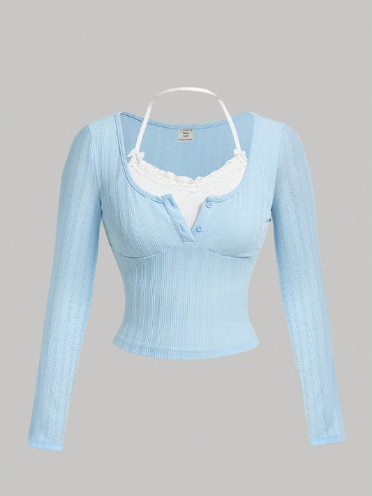 Kawaii Ballet Bow Long Sleeve 2-in-1 T-Shirt for Teen Girls - Blue & White Lace Trim