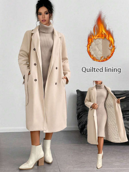 Chiquease Padded Double-Breasted Trench Coat with Large Lapel and Tie Waist – St