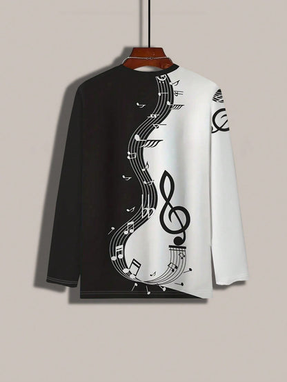 Men's Casual Musical Note Print Long Sleeve T-Shirt - Versatile Style for Spring & Autumn