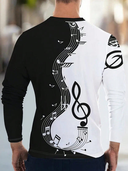 Men's Casual Musical Note Print Long Sleeve T-Shirt - Versatile Style for Spring & Autumn