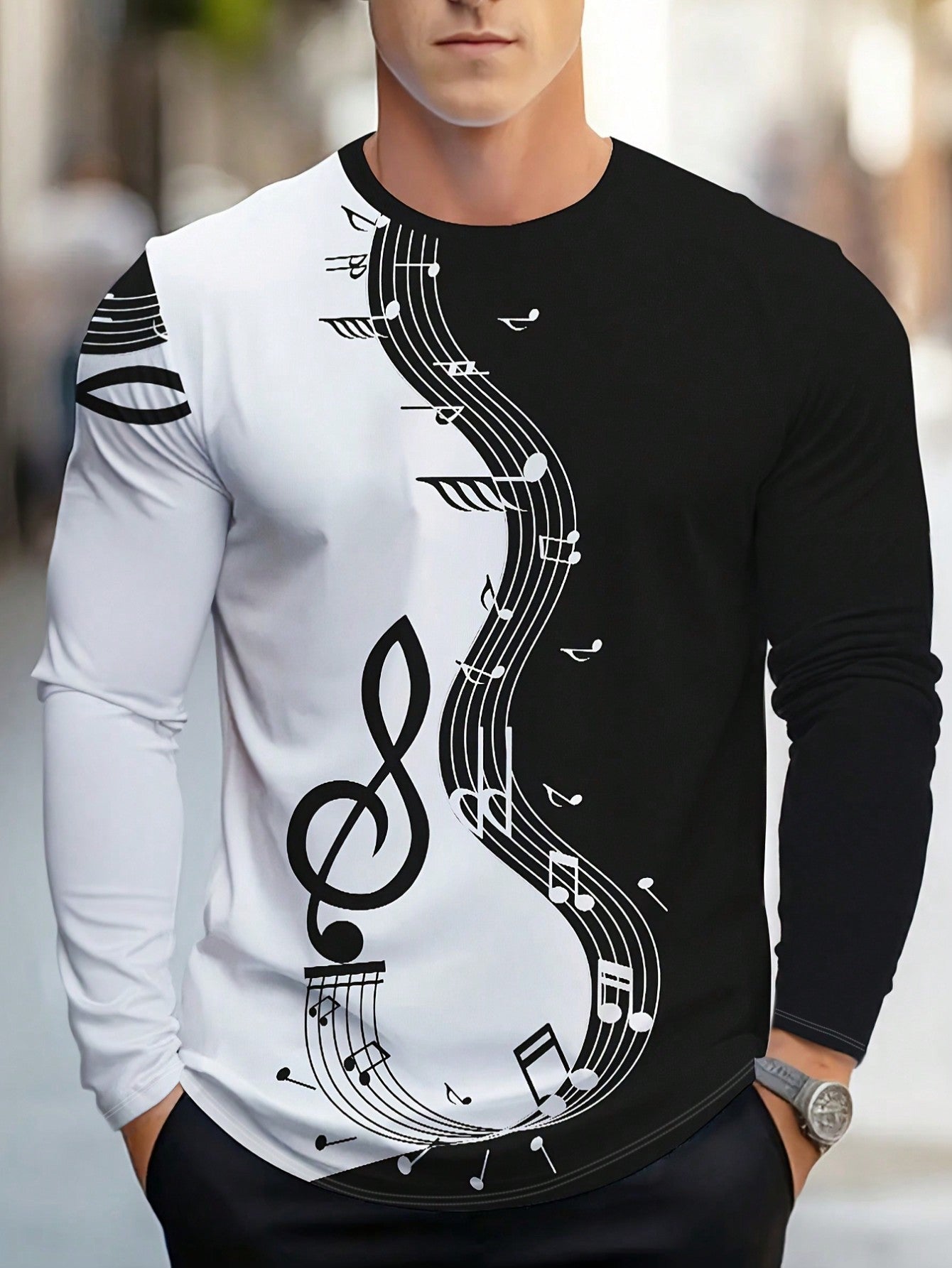 Men's Casual Musical Note Print Long Sleeve T-Shirt - Versatile Style for Spring & Autumn