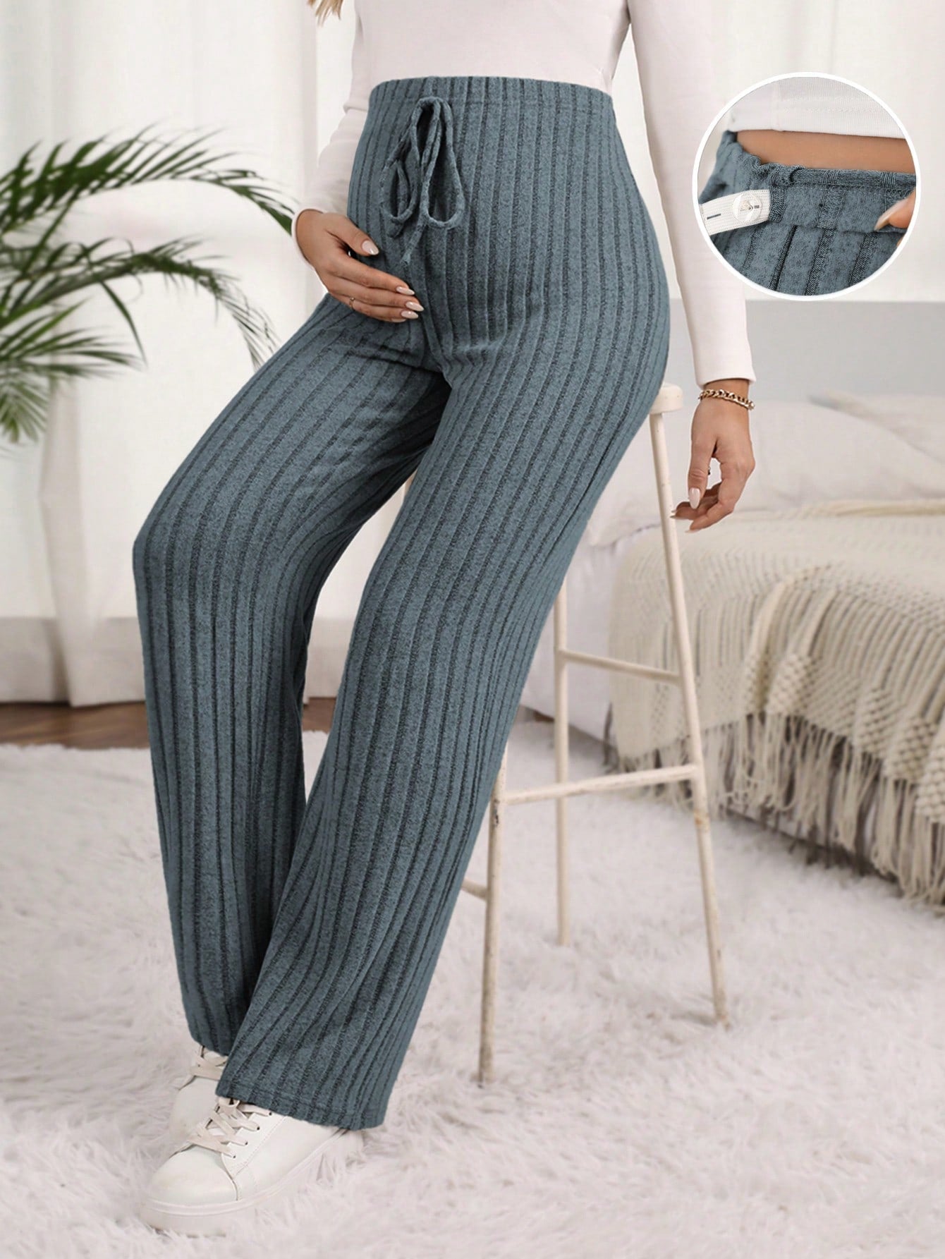 Maternity Solid Color Ribbed Pants with Adjustable Waistband