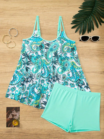 Paisley Print 2-Piece Swimsuit Set with Boxer Shorts – Perfect for Stylish Beach Days!