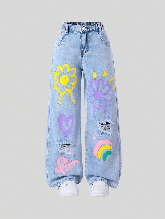 Vibrant Rainbow Print Distressed Straight Leg Jeans for Trendy Teen Girls