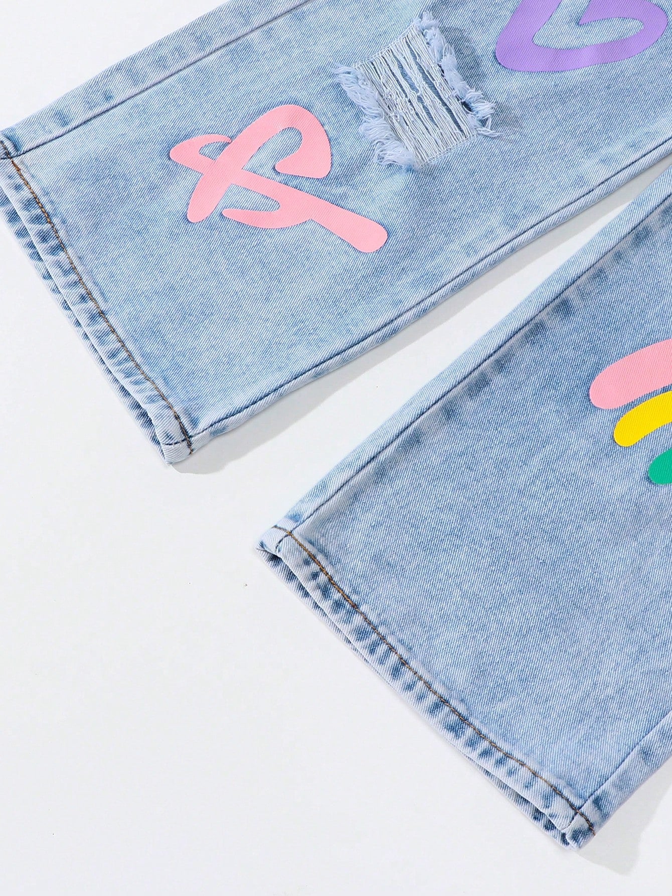 Vibrant Rainbow Print Distressed Straight Leg Jeans for Trendy Teen Girls