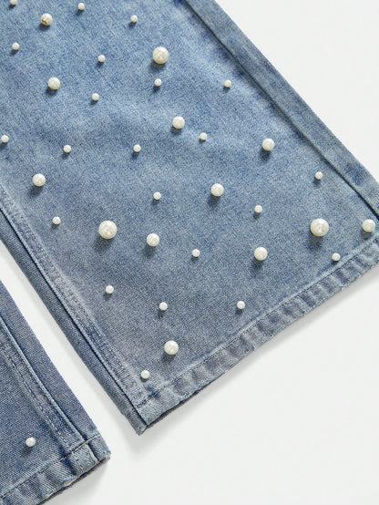 Chic & Stylish Women's High-Waist Pearl Embellished Wide Leg Jeans Black / S Black / M Black / L Black / S-Black / M-Black / L-Black / XL-Blue / S-Blue / M-Blue / L-Blue / XL-