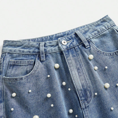 Chic & Stylish Women's High-Waist Pearl Embellished Wide Leg Jeans Black / S Black / M Black / L Black / S-Black / M-Black / L-Black / XL-Blue / S-Blue / M-Blue / L-Blue / XL-