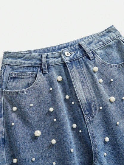 Chic & Stylish Women's High-Waist Pearl Embellished Wide Leg Jeans Black / S Black / M Black / L Black / S-Black / M-Black / L-Black / XL-Blue / S-Blue / M-Blue / L-Blue / XL-