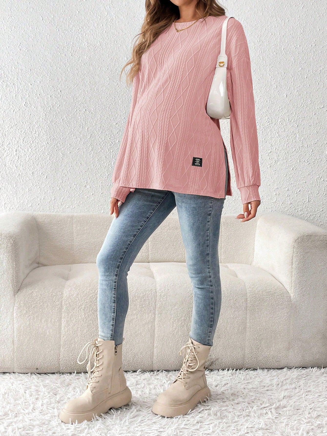 Maternity Textured Split Hem Dolman Sleeve T-Shirt for Fall