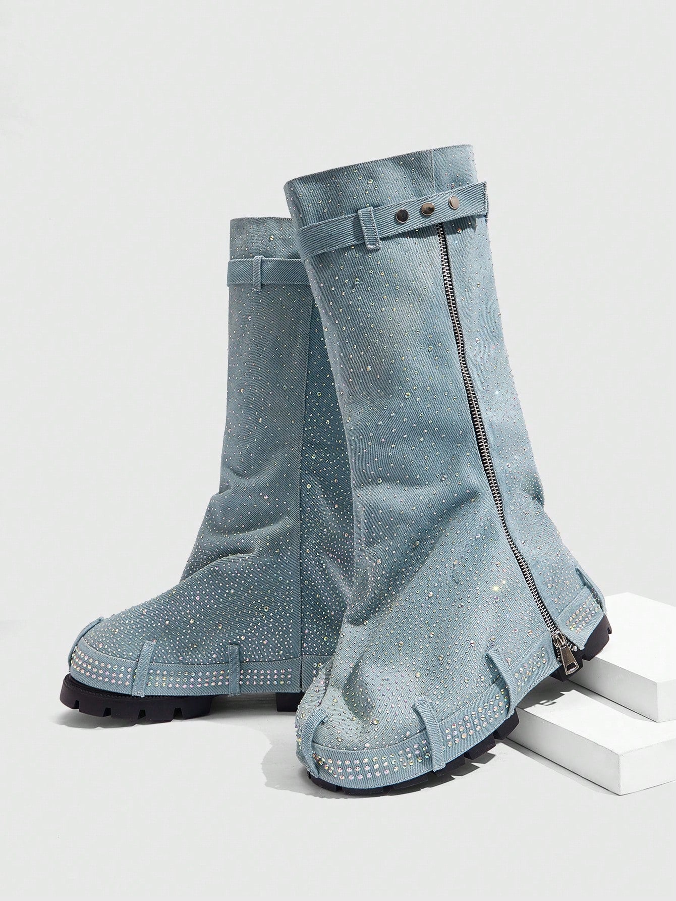 Elevate Your Style Thick-Soled Wedge Heel Western Riding Boots Blue-2