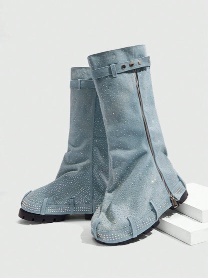Elevate Your Style Thick-Soled Wedge Heel Western Riding Boots Blue-2