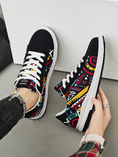 Trendy Men's Geometric Graffiti Canvas Sneakers – Stylish Lace-Up Sports & Skate Shoes