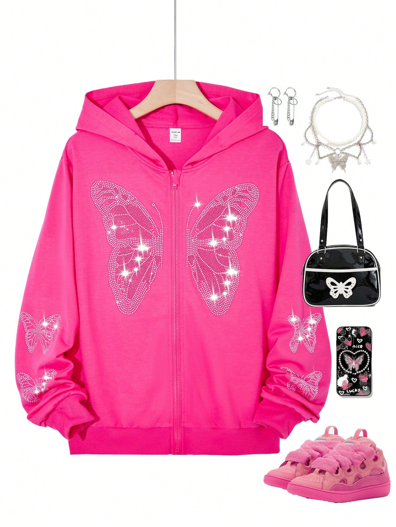 Trendy Butterfly Rhinestone Zipped Hoodie for Teenage Girls - Perfect for Fall & Winter