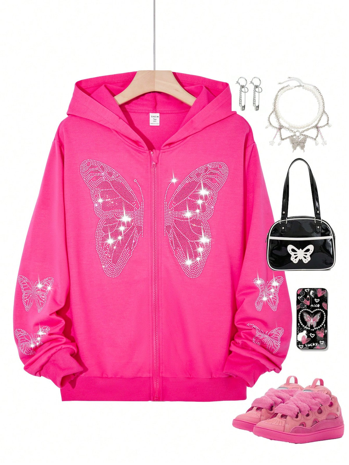 Trendy Butterfly Rhinestone Zipped Hoodie for Teenage Girls - Perfect for Fall & Winter Red / 13Y Red / 14Y 