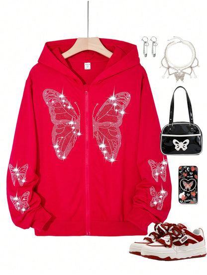 Trendy Butterfly Rhinestone Zipped Hoodie for Teenage Girls - Perfect for Fall & Winter