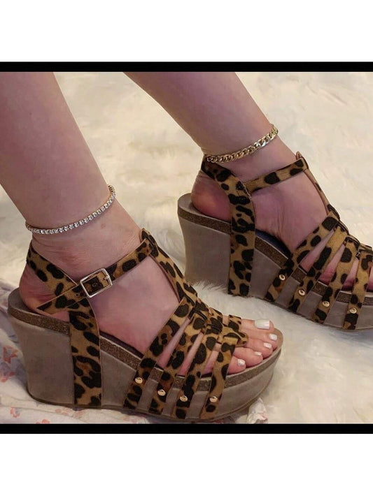 Fierce & Fabulous: Women's Strappy Leopard Print Wedge Sandals with Secure Ankle Strap