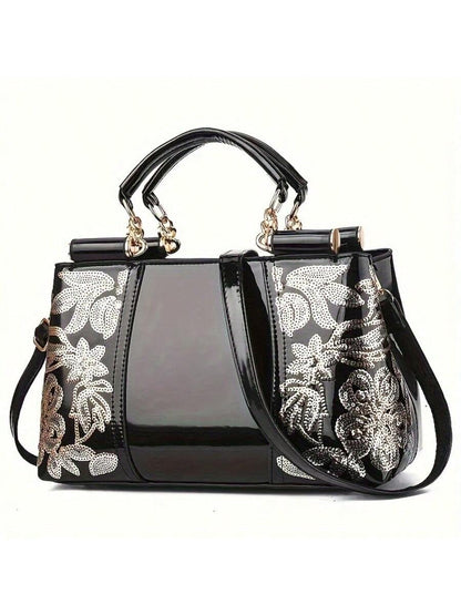 Chic Embroidered Patent Leather Tote Bag - Glamorous Sequin-Decorated Handbag for Effortless Style