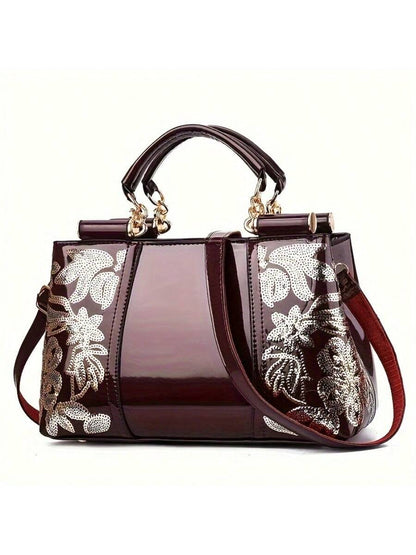 Chic Embroidered Patent Leather Tote Bag - Glamorous Sequin-Decorated Handbag for Effortless Style